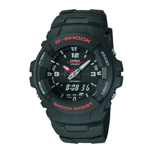 Casio G-Shock G100-1BV watch, front view of a black case with red curved text on the bezel and a short red hand
