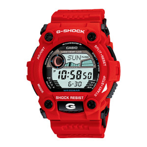 Casio G-Shock G7900A-4 watch, front view of a red digital watch with four black button caps and a wave graph