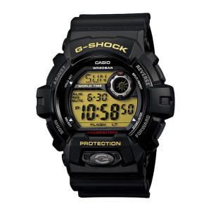 Casio G-Shock G8900-1 watch, front view of a black case with a yellow olive display and gold tone lettering above and below