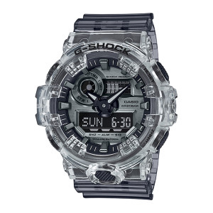 Casio G-Shock GA-700SK-1A watch, front view of the clear case, silver gray dial, black hands and wide digital panel below