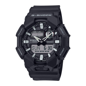 Casio G-Shock GA010-1A watch, front view of a black faceted case with pale batons and a wide gray digital panel