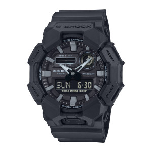 Casio G-Shock GA010-1A1 watch, front view of the chunky gray markers, round sub dial and wide lower digital panel