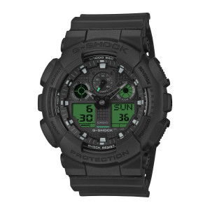 Casio G-Shock GA100BEG-1A watch, front view of a black chunky case with two green digital panels below the hands