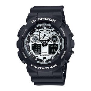 Casio G-Shock GA100BW-1A watch, front view of white grid dial with black hour blocks and two lower digital panels