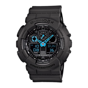 Casio G-Shock GA100C-8A watch, front view of a dark gray analog digital watch with light blue hands and digits