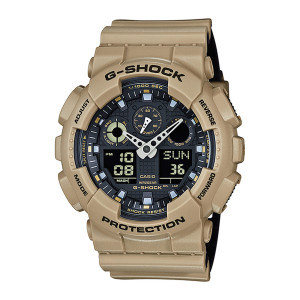 Casio G-Shock GA100L-8A watch, front view of tan case with black dial, cream hands and a cream circle at left