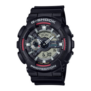 Casio G-Shock GA110RL-1A watch, front view of the four red bezel stripes, gray block markers and gear shaped hub