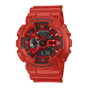 Casio G-Shock GA110RRB-4A watch, front view of the red round case, glossy red hands and a silver tone left sub dial