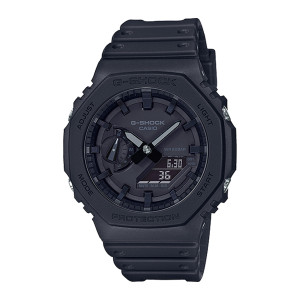 Casio G-Shock GA2100-1A1 watch, front view of the all black octagonal case, faceted bezel and pale gray hands over a dark dial