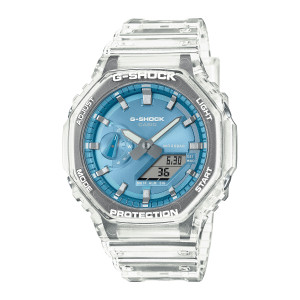 Casio G-Shock GA2100BM-7A2 watch, front view of the clear octagonal case, gray ring and light blue dial