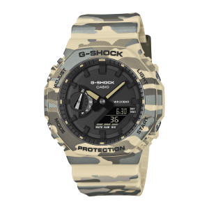 Casio G-Shock GA2100CM-5A watch, front view of the octagonal camouflage case with a black dial and lower right digital panel