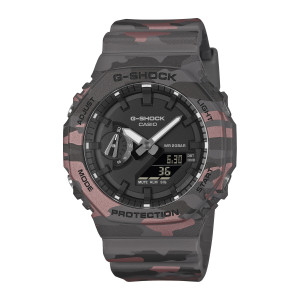 Casio G-Shock GA2100CM-8A watch, front view of an octagonal camouflage case with a black dial and a small sub dial at left