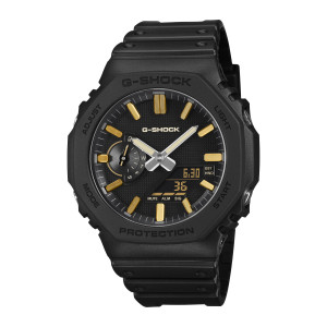 Casio G-Shock GA2100LXB-1A9 watch, front view of the dial with gold tone bar markers and a small left sub dial