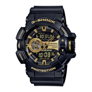 Casio G-Shock GA400GB-1A9 watch, front view of a black case with gold tone hour bars, a gold center strip, two digital panels