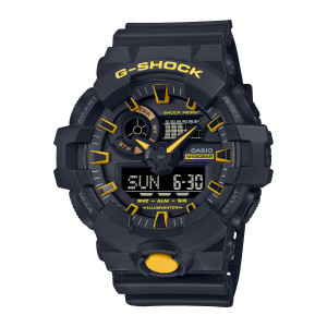 Casio G-Shock GA700CY-1A watch, front view of a black round case with yellow hands, yellow framed markers and a yellow bottom button