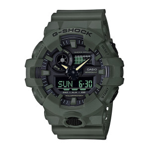 Casio G-Shock GA700UC-3A watch, front view of olive green case with cream hands, green digits and black textured buttons