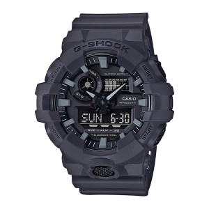 Casio G-Shock GA700UC-8A watch, front view of the matte slate gray case, gray block markers, pale hands and a lower digital readout