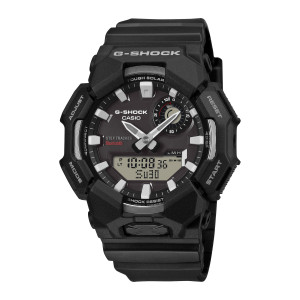 Casio G-Shock GAB010-1A watch, front view of the angular black guards, white block markers and a small round upper right sub dial