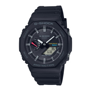Casio G-Shock GAB2100-1A watch, front view of the octagonal black case with gray bar markers and a red sub dial hand