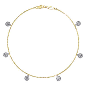 Gabriel & Co. AB101M45JJ 14 karat white and yellow gold anklet, front view of the loop with drops spaced around the chain and a lobster clasp at the top