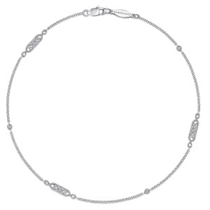 Gabriel & Co. AB755W45JJ 14 karat white gold anklet, front view of the loop with pierced plaques and bezel set stones beside a lobster clasp