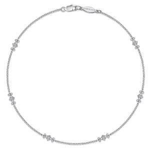 Gabriel & Co. AB832W45JJ 14 karat white gold anklet, front view of the anklet in a loop with a lobster clasp and a maker's tag above