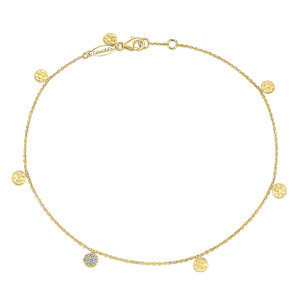Gabriel & Co. AB934Y45JJ 14 karat yellow gold Contemporary anklet, front view of a fine chain anklet with dangling hammered discs, one pave disc and a lobster clasp