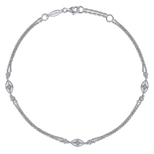 Gabriel & Co. AB938SVJWS sterling silver anklet, front view of a looped two strand chain with frame stations, a lobster clasp and a maker's tag