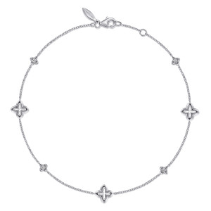 Gabriel & Co. AB942SVJWS sterling silver Contemporary anklet, front view of the round loop of fine chain with clover stations and a lobster clasp