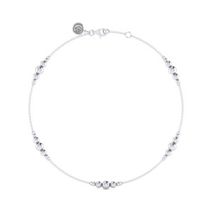 Gabriel & Co. AB948SVJJJ sterling silver Bujukan anklet, front view of a fine chain with graduated bead clusters and a lobster clasp