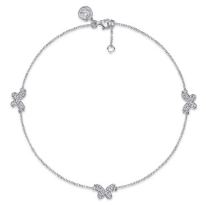 Gabriel & Co. AB949SVJWS sterling silver Contemporary anklet, front view of a fine chain with butterfly stations and an extender chain beside the lobster clasp
