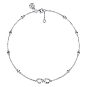 Gabriel & Co. AB951SVJJJ sterling silver Bujukan anklet, front view of the infinity loop, spaced metal beads, a lobster clasp and an extender ring
