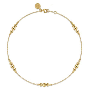 Gabriel & Co. AB952Y4JJJ 14 karat yellow gold Bujukan anklet, front view of bead clusters on a fine chain, with a lobster clasp and maker's tag