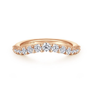 Gabriel & Co. AN10959K44JJ 14 karat rose gold Classic anniversary band, front view of an arched row of round stones largest at the middle and small at each end