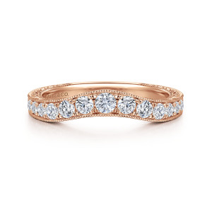 Gabriel & Co. AN10961K44JJ 14 karat rose gold Victorian band, front view of the arched stone row between beaded edges and a polished inner surface