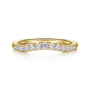 Gabriel & Co. AN10963Y44JJ 14 karat yellow gold Classic anniversary band, front view of the dipped top edge with round diamonds smaller toward both ends