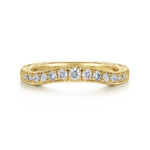 Gabriel & Co. AN10966Y44JJ 14 karat yellow gold Victorian anniversary band, front view of a contoured row of round diamonds with milgrain edges and engraved sides