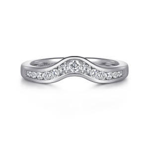 Gabriel & Co. AN10973W44JJ 14 karat white gold Contemporary wedding band, front view of the raised center arch with small round stones following its curve