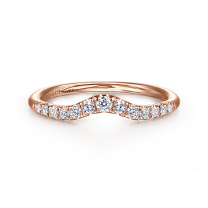 Gabriel & Co. AN10974K44JJ 14 karat rose gold Classic anniversary band, front view of the smooth wavy dip with round diamonds following its lower edge