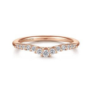 Gabriel & Co. AN10975K44JJ 14 karat rose gold Classic wedding band, front view of the soft central peak with ball tipped prongs and stones shrinking toward both ends