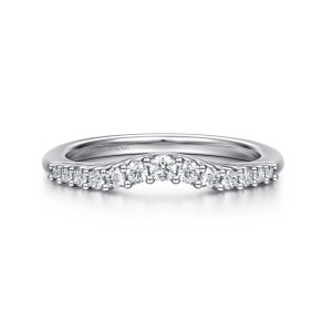 Gabriel & Co. AN10975W44JJ 14 karat white gold Classic wedding band, front view of ball tipped prongs around each stone along a shallow dip