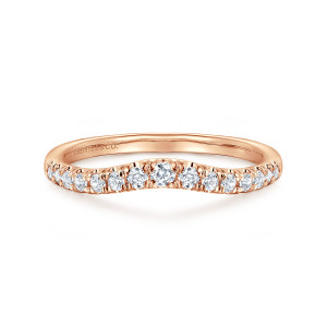 Gabriel & Co. AN11013K44JJ 14 karat rose gold Classic anniversary band, front view of a shallow curve with round stones larger in the middle and a smooth inner wall