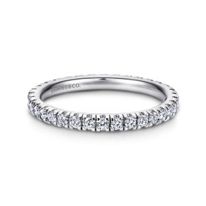 Gabriel & Co. AN11261-4W44JJ 14 karat white gold Classic eternity band, front view of a single row of round diamonds with small claws between stones