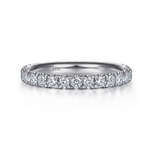 Gabriel & Co. AN11262-6PT4JJ platinum Classic eternity band, front view of small round diamonds set close together between tiny prongs