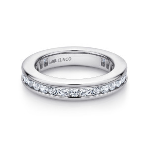 Gabriel & Co. AN11292-4W44JJ 14 karat white gold Contemporary eternity band, front view of a single channel of round diamonds between smooth polished rails