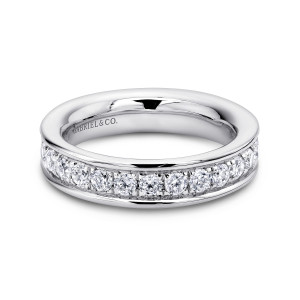 Gabriel & Co. AN11309-4W44JJ 14 karat white gold Contemporary eternity band, front view of round stones lined up between raised polished rails above a domed inside