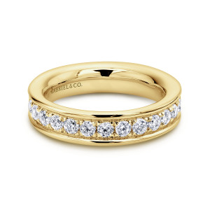 Gabriel & Co. AN11309-4Y44JJ 14 karat yellow gold Contemporary eternity band, top view of a straight polished band with a row of round diamonds between raised rails