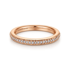Gabriel & Co. AN11322-4K44JJ 14 karat rose gold Victorian eternity band, front view of a single line of small diamonds between milgrain edges