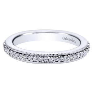 Gabriel & Co. AN11322-4W44JJ 14 karat white gold Victorian eternity band, top view of a single row of round diamonds above a smooth polished wall