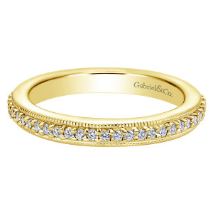 Gabriel & Co. AN11322-4Y44JJ 14 karat yellow gold Victorian eternity band, front view of small round diamonds between milgrain edges above a plain polished inside